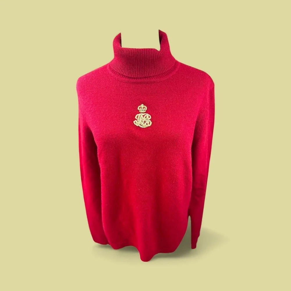 LAUREN Ralph Lauren VTGE Red‎ Cashmere Wool Turtleneck Sweater Crown Logo SZ LGE